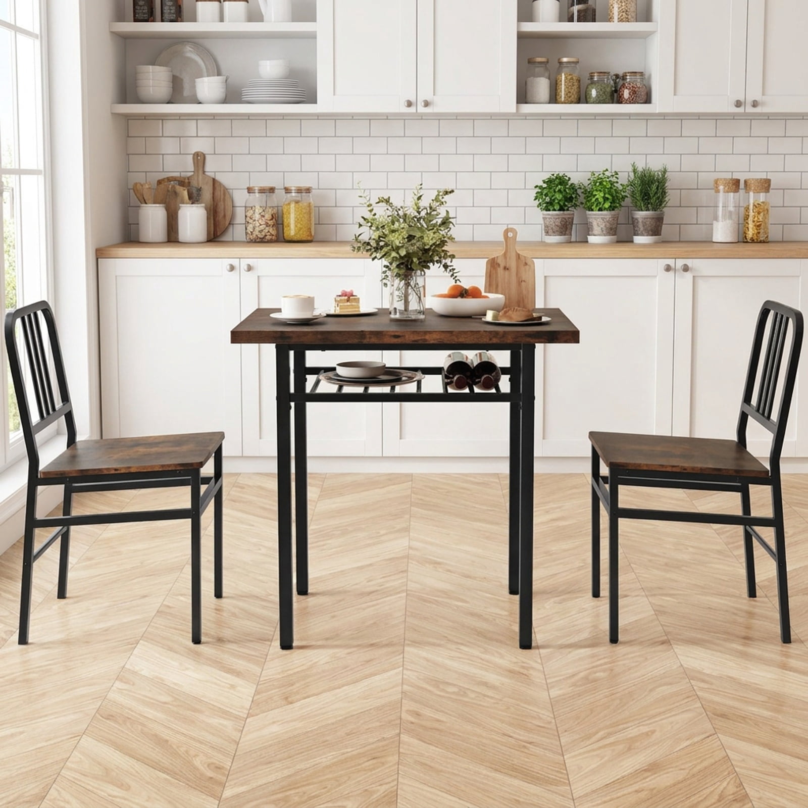 Furnibear 3-Piece Dining Table Set with Rectangular Kitchen Table and 2 Chairs for Kitchen Dining Room Breakfast Nook Home, Rustic Brown