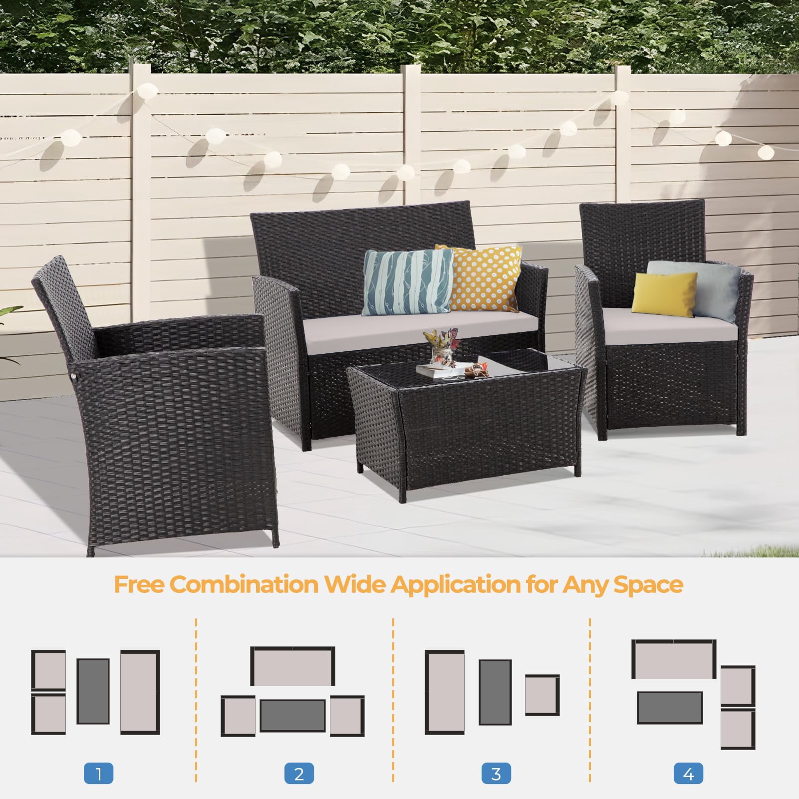 FHFO 4 Piece Patio Furniture Set,Outdoor Wicker Conversation Sets,Rattan Sectional Sofa w/Coffee Table,Seat Cushions for Backyard Porch Garden Poolside - Black Wicker/Gray Cushions