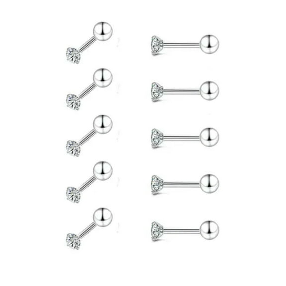 K-KED 5 Pairs Tiny 2mm Zircon Earring Stud Surgical Steel Ear Cartilage Helix Piercing-Screw Ball Back