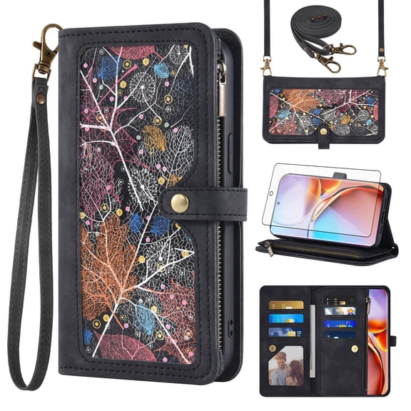 Asuwish Phone Case for Motorola Edge  Plus 2023/Edge 40 Pro 5G/Moto X40 Wallet Cover With Tempered Glass Screen Protector Crossbody Wrist Strap Flip Pattern Zipper Credit Card Holder Cell X   Black