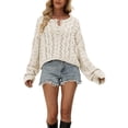thumbnail image 2 of Women Chunky Cable Crop Sweater Pullover Casual Half Button Flared Long Sleeve Jumper Tops Apricot L, 2 of 7