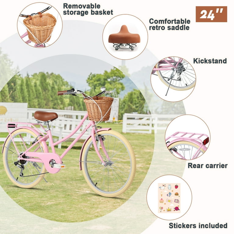 Glerc Missy 20 inch Girl Cruiser Kids Bike 6 Speed Teen Hybrid City Bicycle for Youth Ages 6 7 8 9 10 11 12 Years Old with Wicker Basket Rack Pink