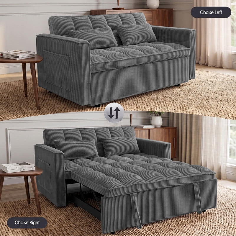 Anpport 54" 3‑in‑1 Convertible Sleeper Sofa Bed, Corduroy Pull‑Out Couch with Adjustable Backrest, Side Pockets & 2 Pillows for Small Spaces, Dark Gray