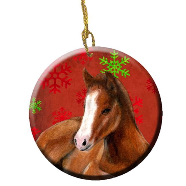 Cheval Poulain Flocons de Neige Rouges Ornement en Céramique de Noël, 2.81 Dia