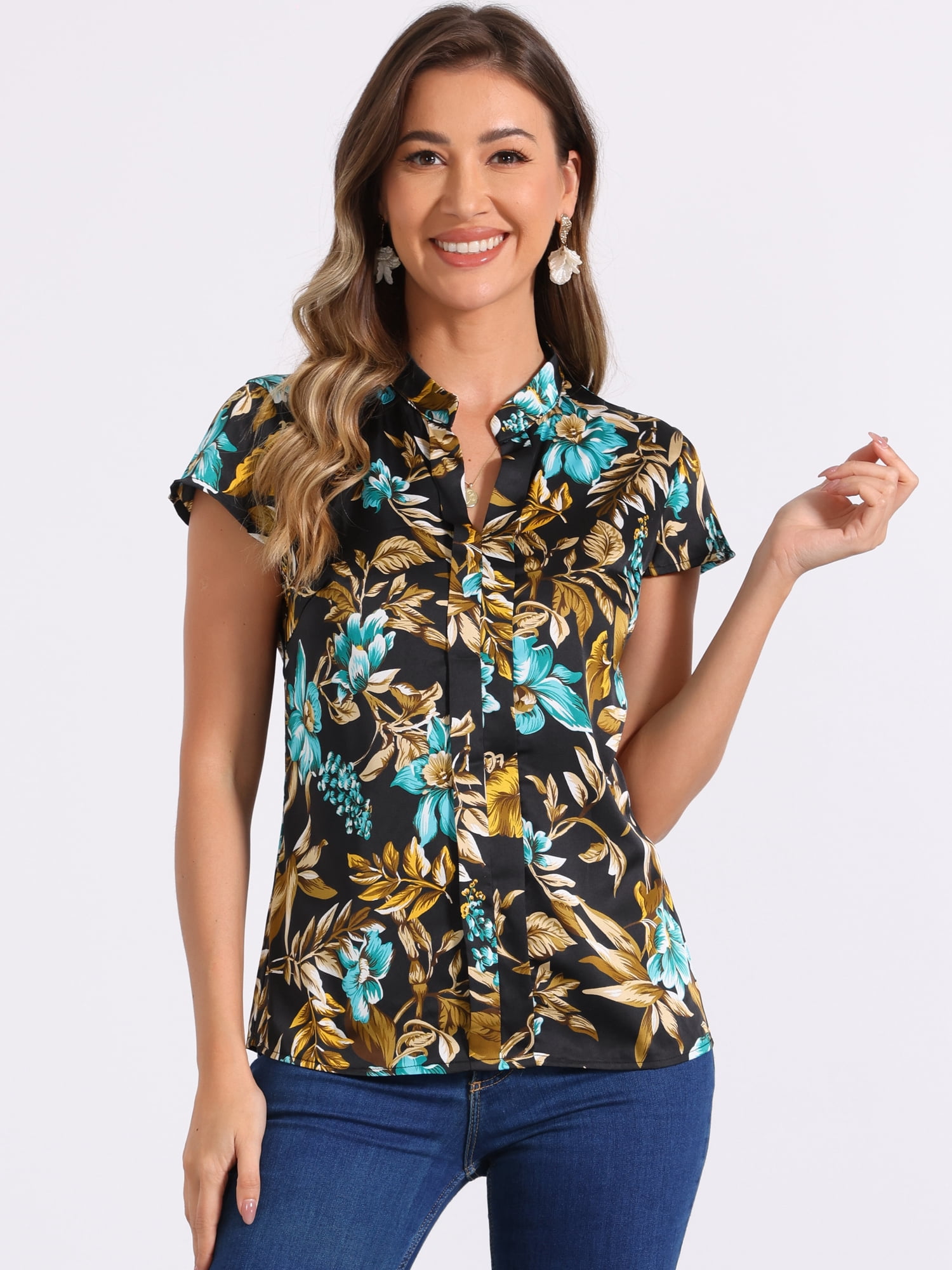 DARING DIVA Stand Collar Floral Silky Work Blouse Top Navy Blue XS L Black