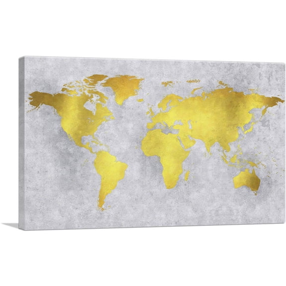 ARTCANVAS Yellow Gray World Map Canvas Art Print - Size: 18" x 12" (0.75" Deep)