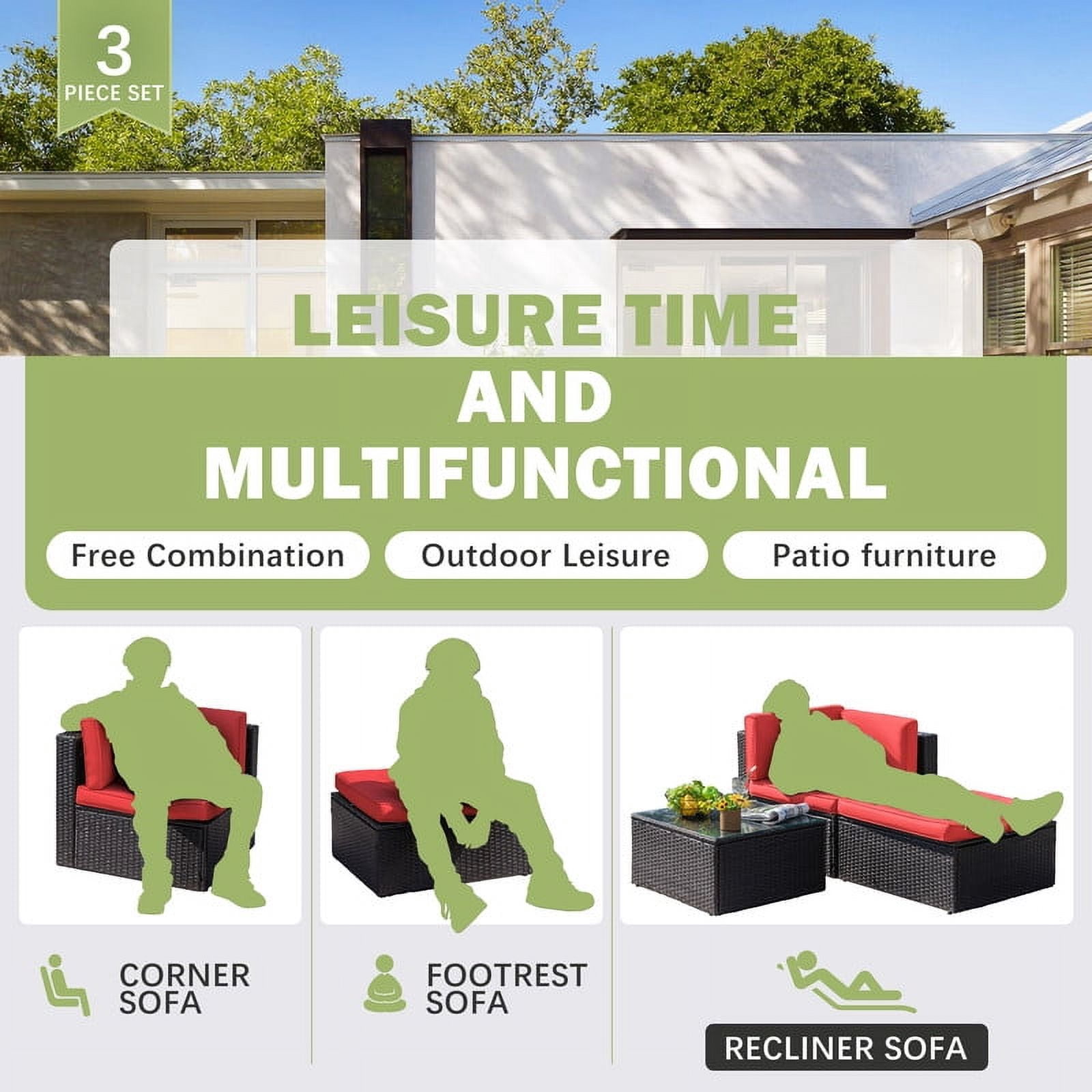 Devoko Outdoor Sectional Sofa PE Rattan Patio Furniture Sets with Cushions and Table,Red
