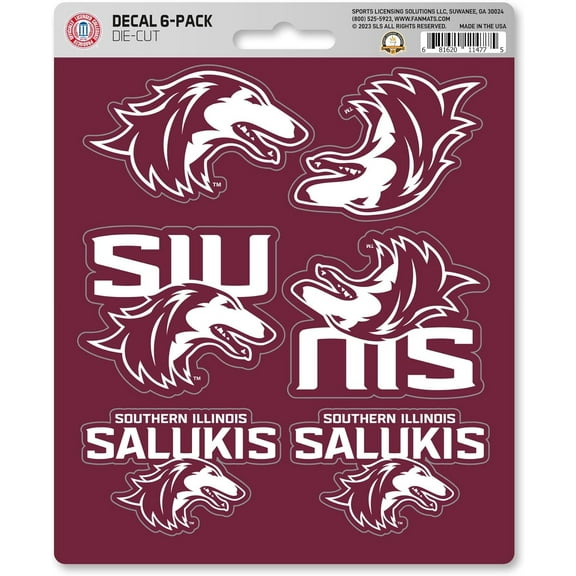 Southern Illinois University Salukis 6-Piece Decal Sticker Set, 5x6 Inch Sheet, Gift for football fans for any hard surfaces around home, automotive, personal items