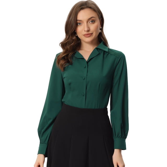Blusa Allegra K de trabajo vintage manga larga Verde Oscuro XS
