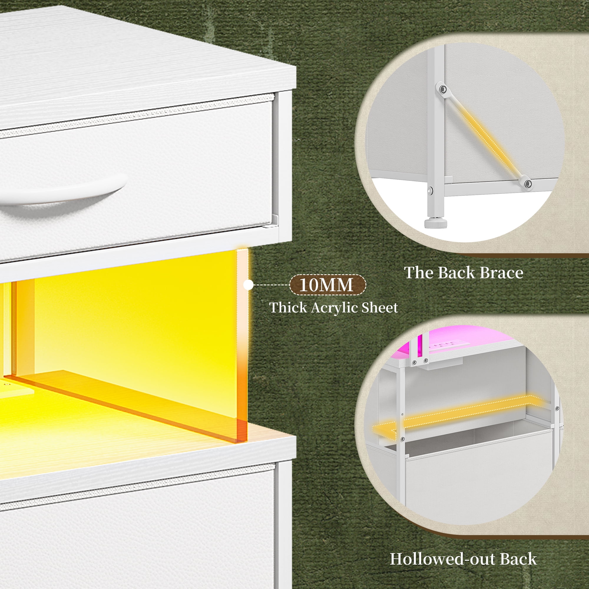 Romorgniz White Dresser for Bedroom with 12 Fabric Drawers Wide Dresser with LED Lights & Charging Station Chest of Drawers with Acrylic Sheet