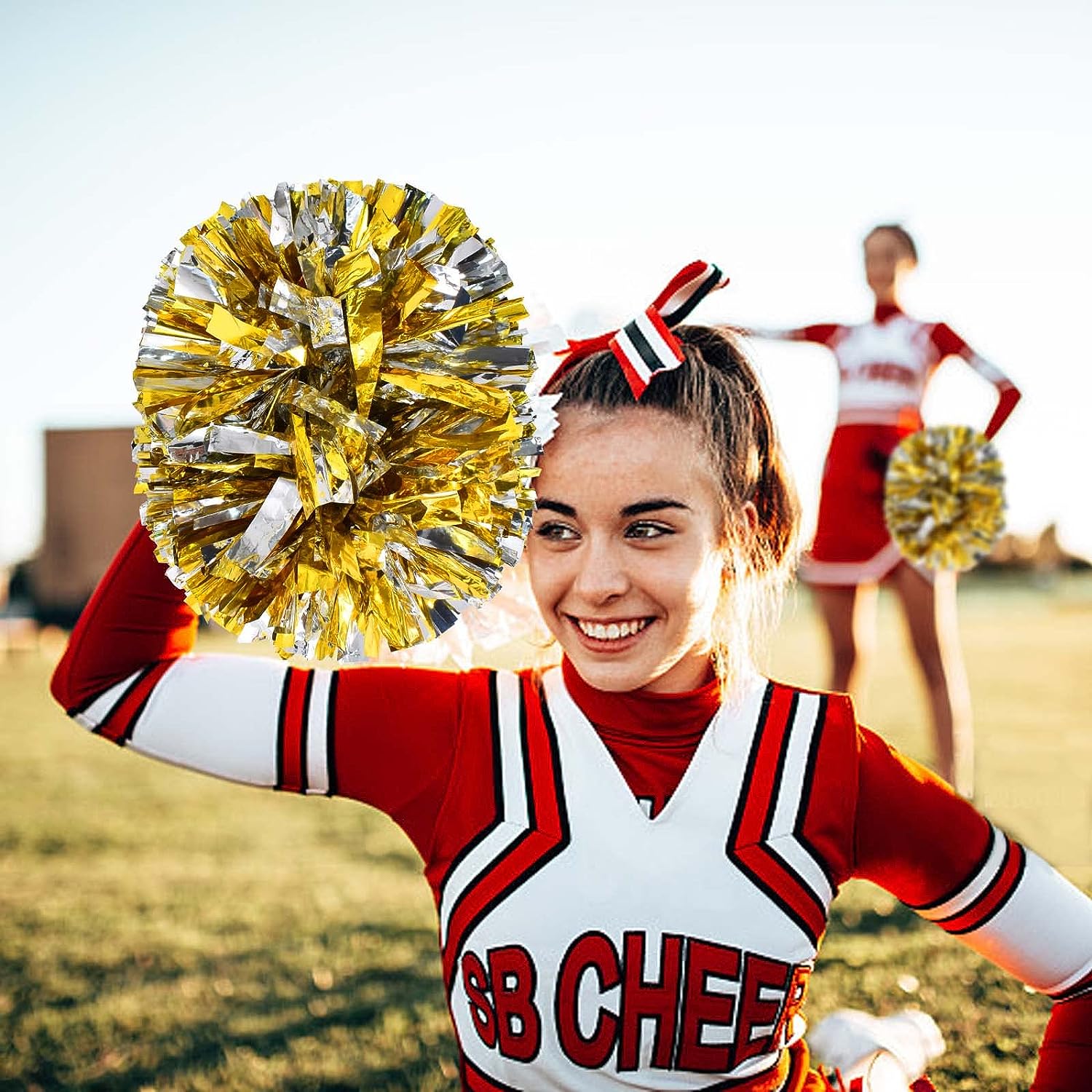 LINLIN Pom Poms Cheerleader 2 Pieces Metallic Cheerleading Pompons Flower Ball, Aerobics Cheerleading Pom Poms, for Sports Dance Cheerleading Pompons Plastic