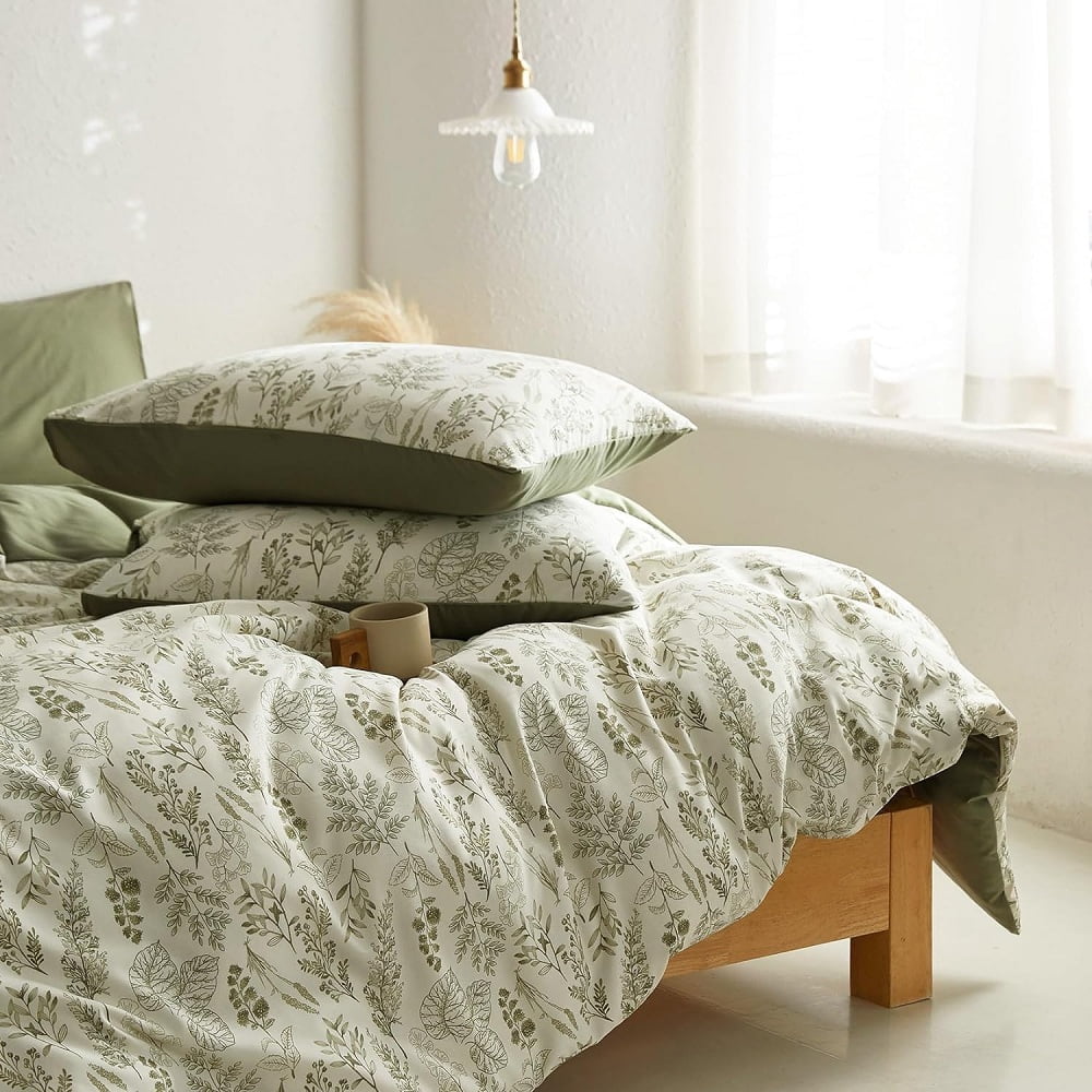 Green Leaves Flowers Plants Reversible Bedding Set Duvet Cover King Size