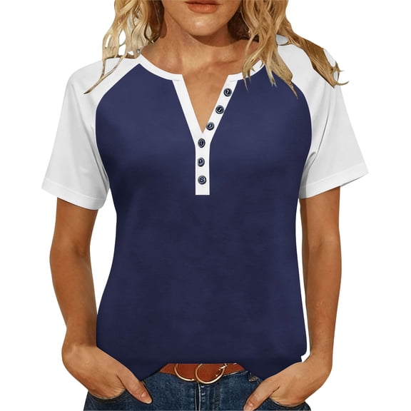 V-Neck Button T-Shirt for Women Fashion Raglan Short Sleeve Tee Summer Loose Breathable Tops ,Blue,3XL