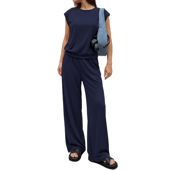 Stichou Women's Summer 2 Piece Lounge Sets Cap Sleeve Tops Wide Leg Pants 2026 Workout Sets Loose Fit Casual Tracksuit Dark Blue S
