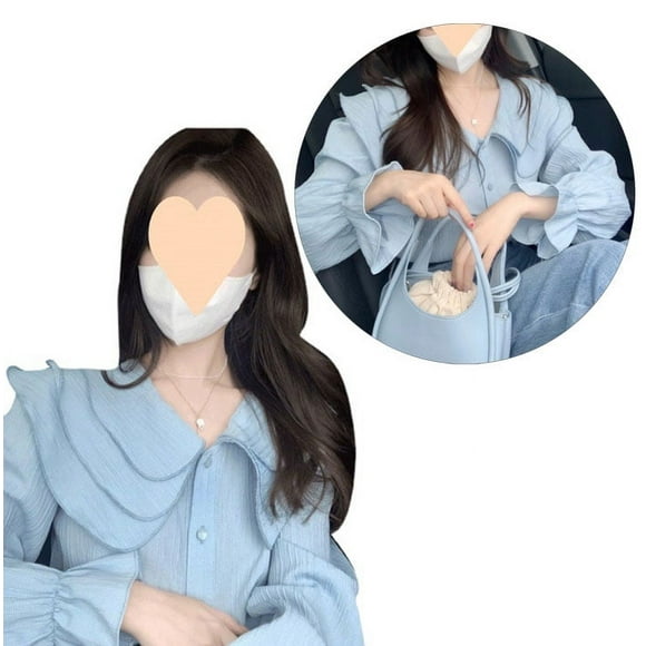 Long Sleeve Doll Collar Shirt Women Spring Summer Elegant Blue Button Up Ruffle Sleeve Top Blouse Blue L