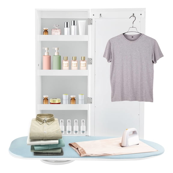 White Wall Mounted Ironing Board with Storage Cabinet, Built in Ironing Board and Swivel Ironing Board, for Home, Apartment & Small Spaces