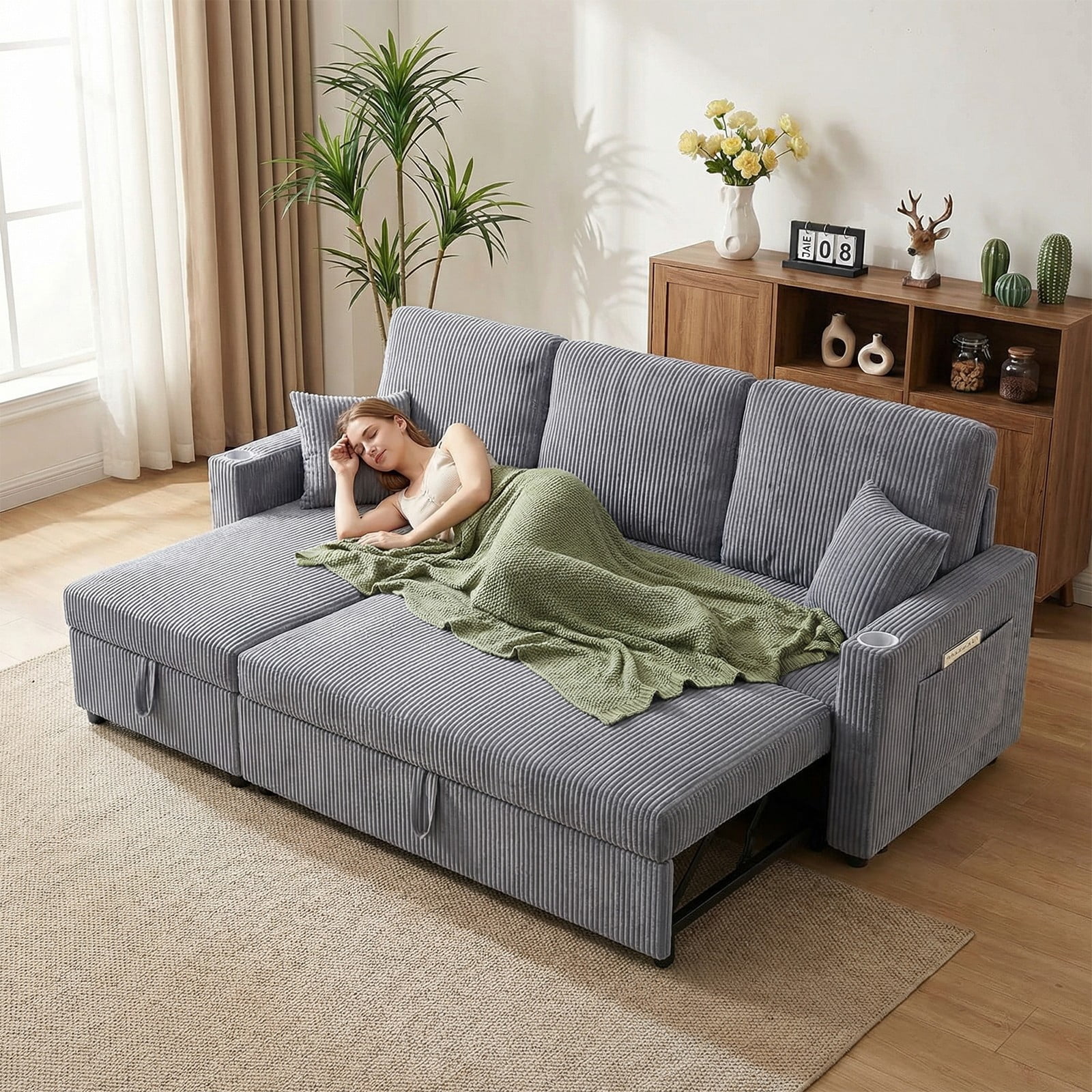 LLappuil Sectional Sofa, 84" Sectional Couch with Storage Chaise, Small Desktop, Cup Holders, Charging Port Convertible Sofa Bed, Corduroy Pull Out Sofa Bed for Living Room Gray