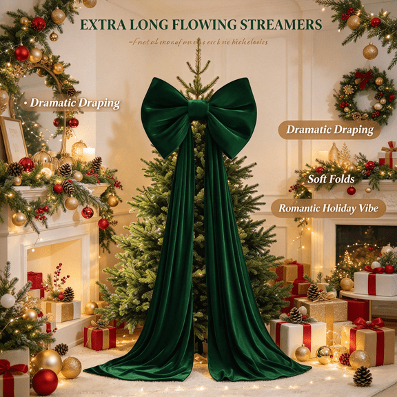Large Green Christmas Bow, 62.99 Inch Velvet Tree Topper with Long Ribbon Tails, Christmas Bows For Tree Door Staircase Mantel Decor