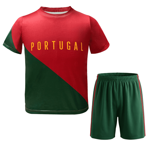 Portugal Youth Boys Soccer T-shirt Outdoor Sports Kid Activewear Training Short Sleeve Kit Shirt Shorts Set, Green M