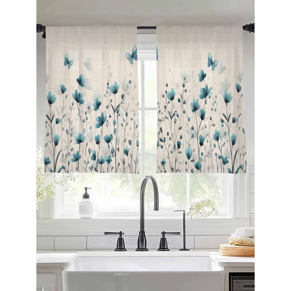Turquoise Floral Butterfly Sheer Curtains for Living Room Bedroom Spring Rustic Botanical Beige Sheer Curtains 54 Inch Long 2 Panels Set Light Filtering Curtain Window Treatments Drapes
