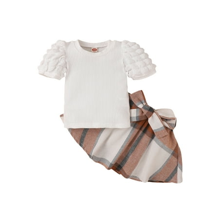 

Suanret 2Pcs Kids Toddler Girls Skirts Sets Short Sleeve Round Neck T-Shirt + Plaid Print A-Lined Skirts White 3-4 Years