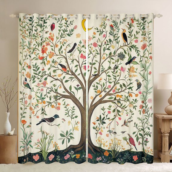 Homewish Tree of Life Flower Kitchen Curtains, Botanical Animal Theme Black Out Curtains Pack of 2 (42x63 Each)