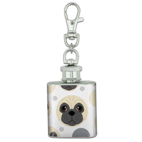 Pug Face Pet Dog Stainless Steel 1oz Mini Flask Key Chain