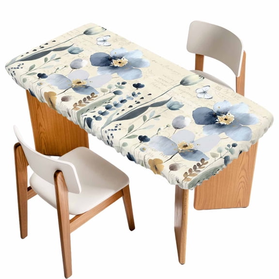 Spring Blue Floral Table Cloths for 4 Foot Rectangle Tables, Vintage Garden Wildflowers Botanical Patio Waterproof Elastic Fitted Tablecloths, Washable Rectangular Table Cover for Camping