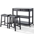 thumbnail image 1 of Crosley Stainless Steel Top Kitchen Cart with Saddle Stools in Black, 1 of 8