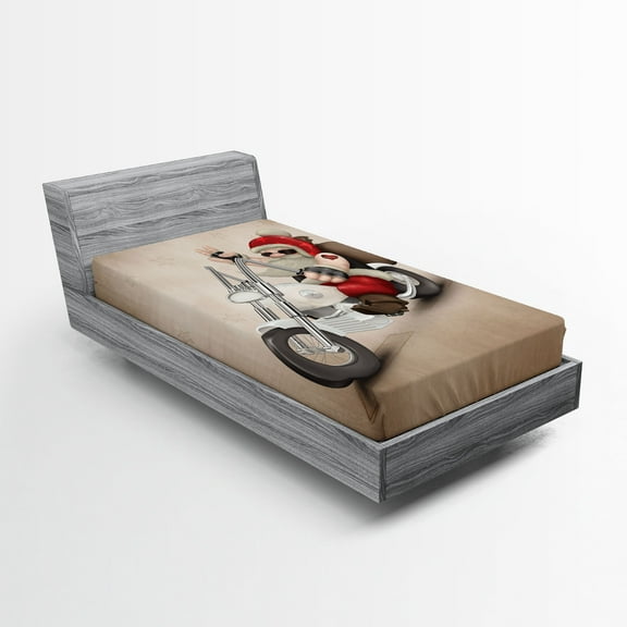 Ambesonne Christmas Fitted Sheet, Cool Santa on Bike, Twin XL Size, Red and Cream