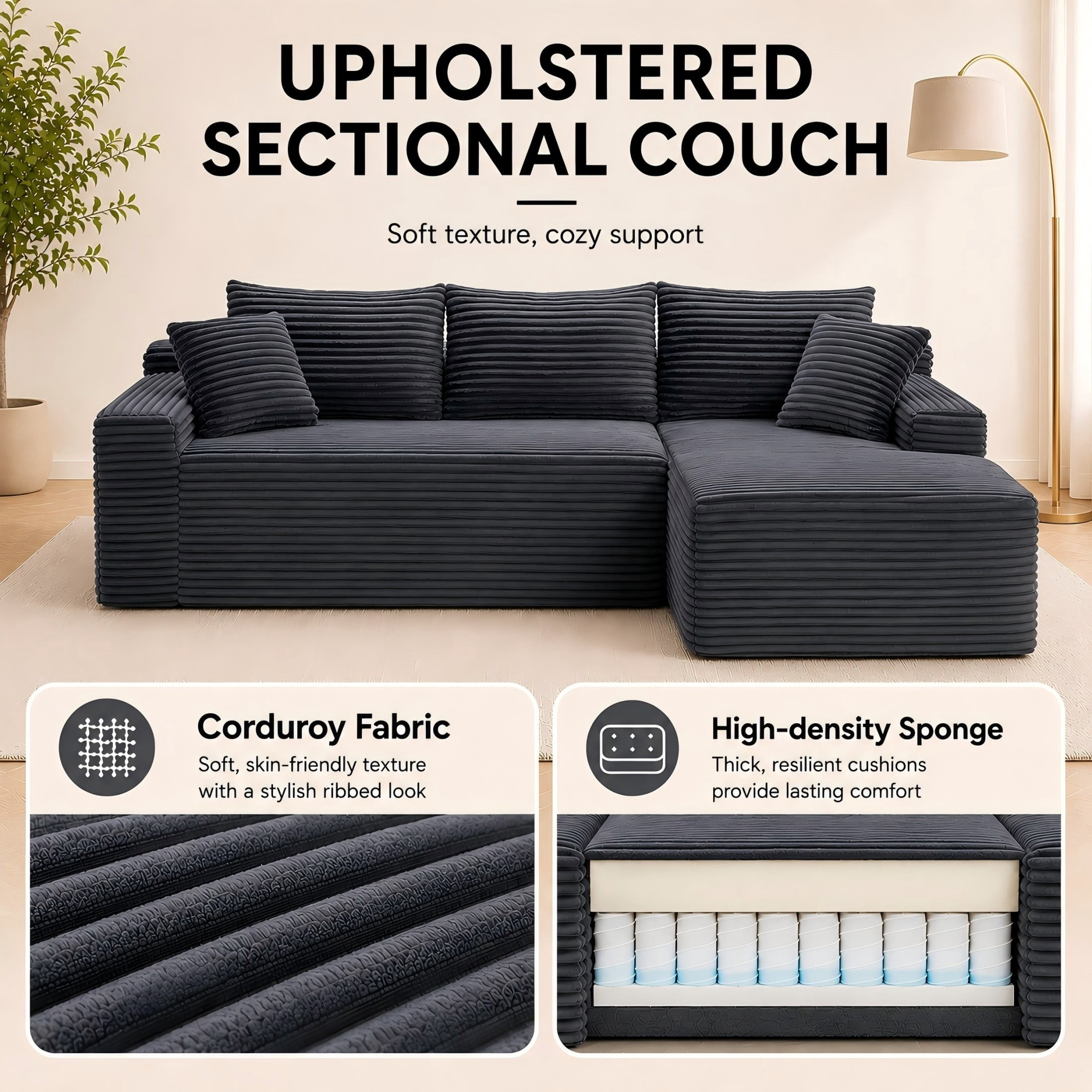 Aukfa 107" Cloud Modular Sectional Couch with Right-Facing Chaise, Corduroy Deep Seat Boneless Sofa for Living Room, Apartment, Gray