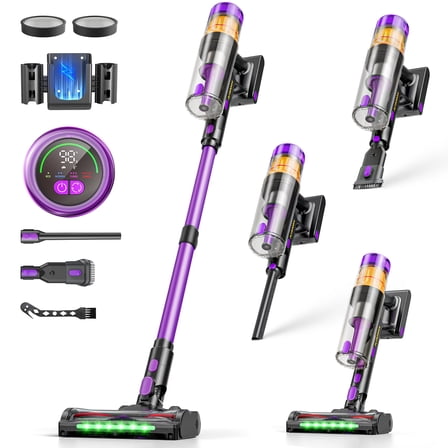 HOUGEET Cordless Vacuum Cleaner - 650W, Deep Suction, 90-Min Runtime, LED Display, Purple