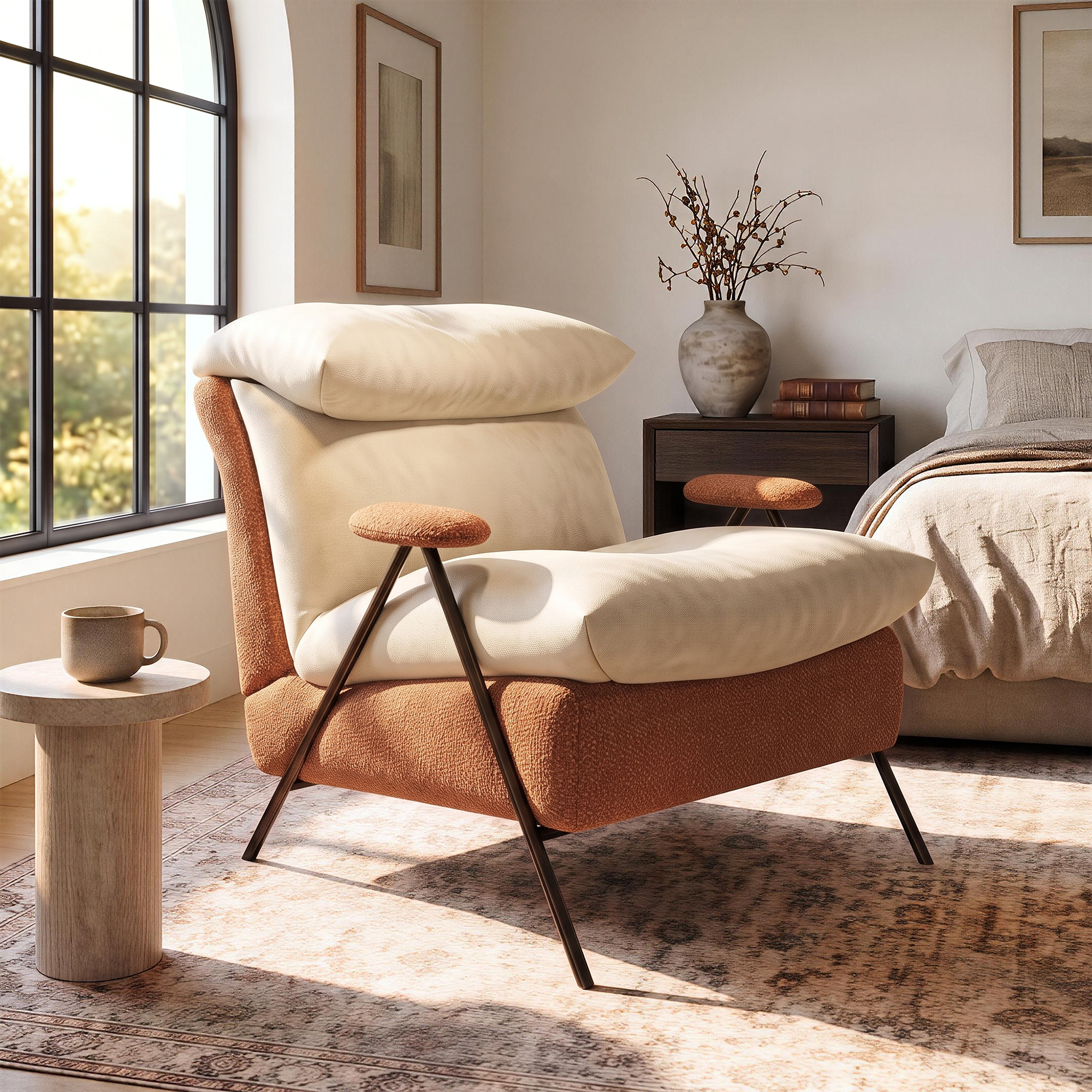 Aukfa Accent Chair, Modern Fabric Armchair with Thick Padded Seat and Back for Living Room & Bedroom, Beige