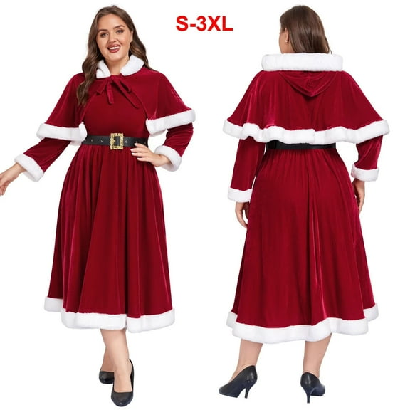 Christmas Dresses for Women, 3pcs Mrs Claus Santa Costume with Hooded Cape and Belt Holiday Party Outfit, XL