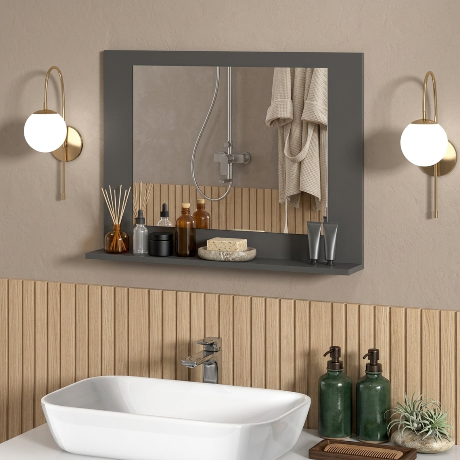 Vebreda Bathroom Wall Mirror, Rectangle Bathroom Mirror with Shelf 23.5 x 17.5 Inch and Wood Frame, Functional Design, Crystal-Clear Reflection