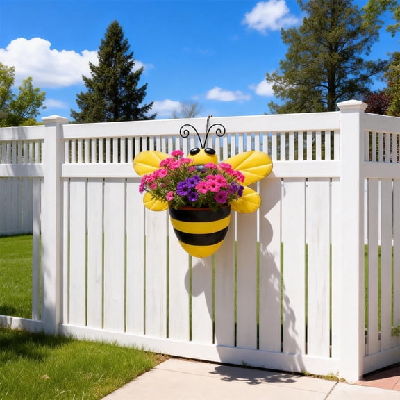 Metal Bee Wall Planter – Whimsical Yellow & Black Striped Hanging Flower Pot,Plant Pot,Outdoor/Indoor Wall Decor for Garden, Fence & Patio