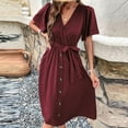 thumbnail image 4 of Bigersell Womens Summer Midi Dress Wrap V-Neck Short Sleeve Casual Loose Button-Down Dress with Belt Pleated A-Line Cocktail Party Swing Sundress Business Dresses, Wine XL, 4 of 5