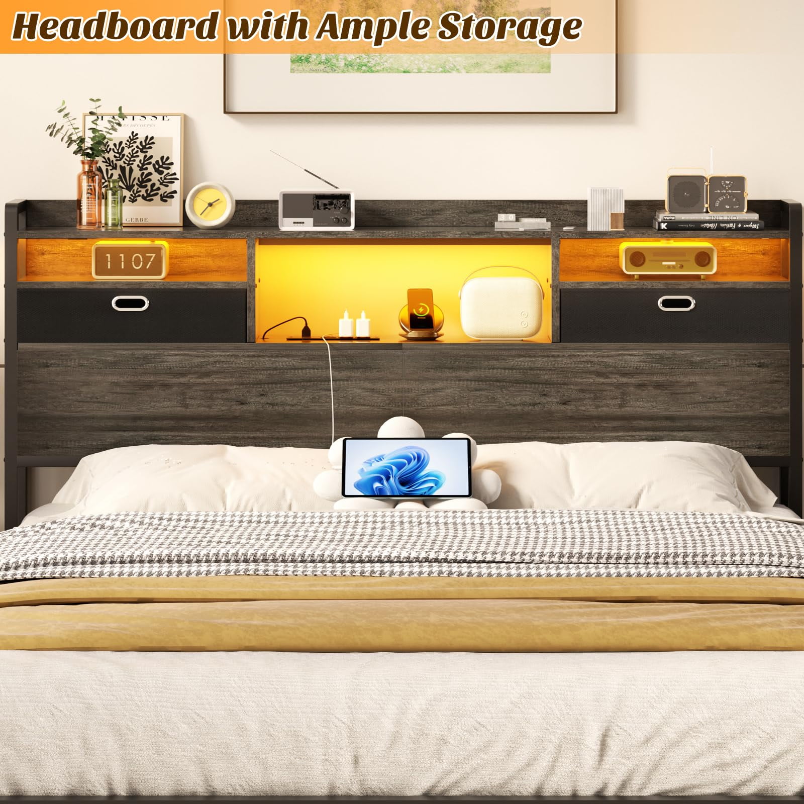 Aheaplus Queen Headboard with Drawer Storage and LED Light, Wood Headboard for Queen Size Bed with Power Outlet and Bookcase, Sturdy Head Board for Bedroom, Dorm Room, Guest Room, Black Oak