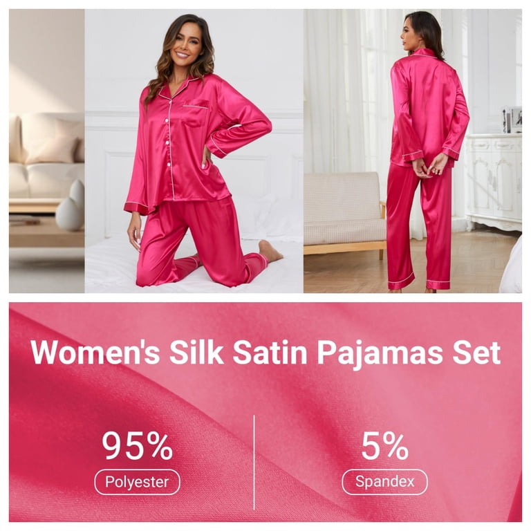 SOFTHO Women's Satin Pajama Set - Long Sleeve Button-Down Top & Elastic Waist Pants, Comfy Sleepwear