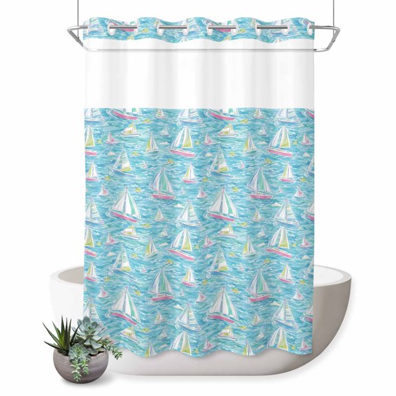 No Hook Shower Curtain, Nautical Sailboats Shower Curtains for Bathroom with See Through Top Window, Coastal Ocean Waves Blue Waterproof & Washable Bath Curtain 60"x72"