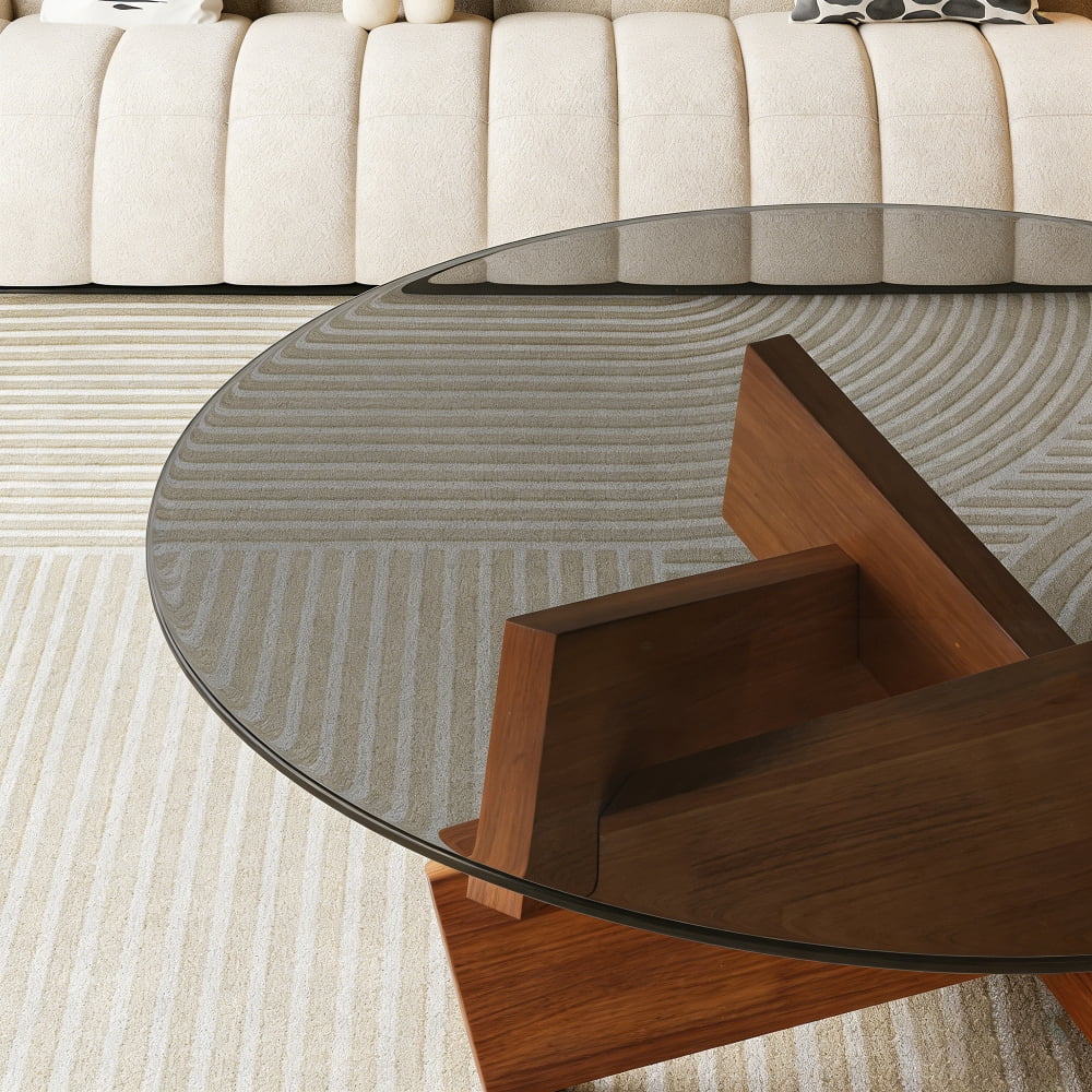 Modern Round Coffee Table for Living Room, 27.5" x 27.5" x 12.2" Mid Century Center Table with Tempered Glass Top and Wood, Walnut