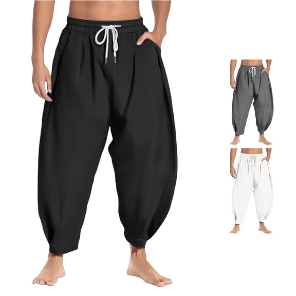 XIAONU Solid Harem Pants Mens Drawstring Waist Side Pockets Pants