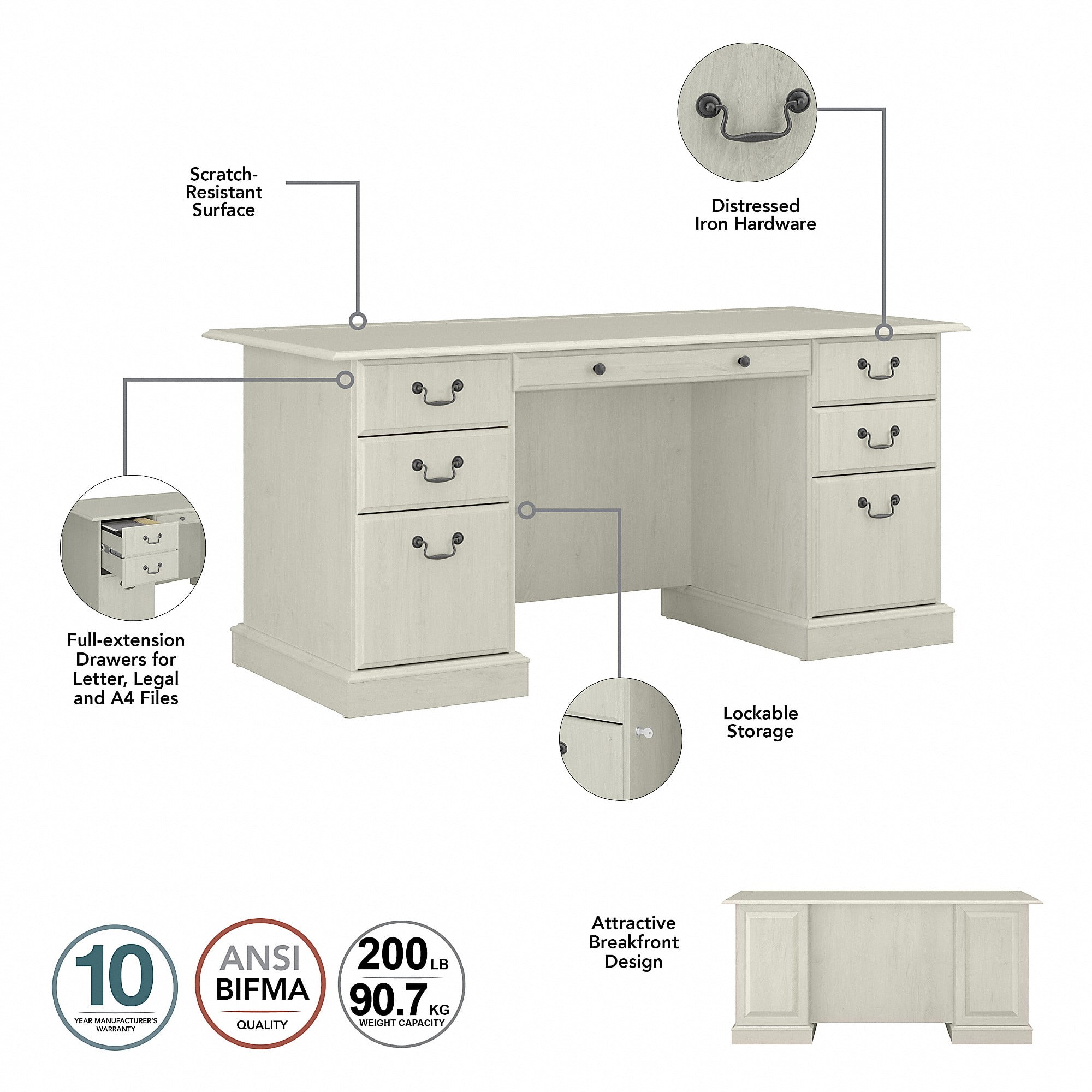 Bush Furniture Saratoga Executive Desk with Drawers, Off-White