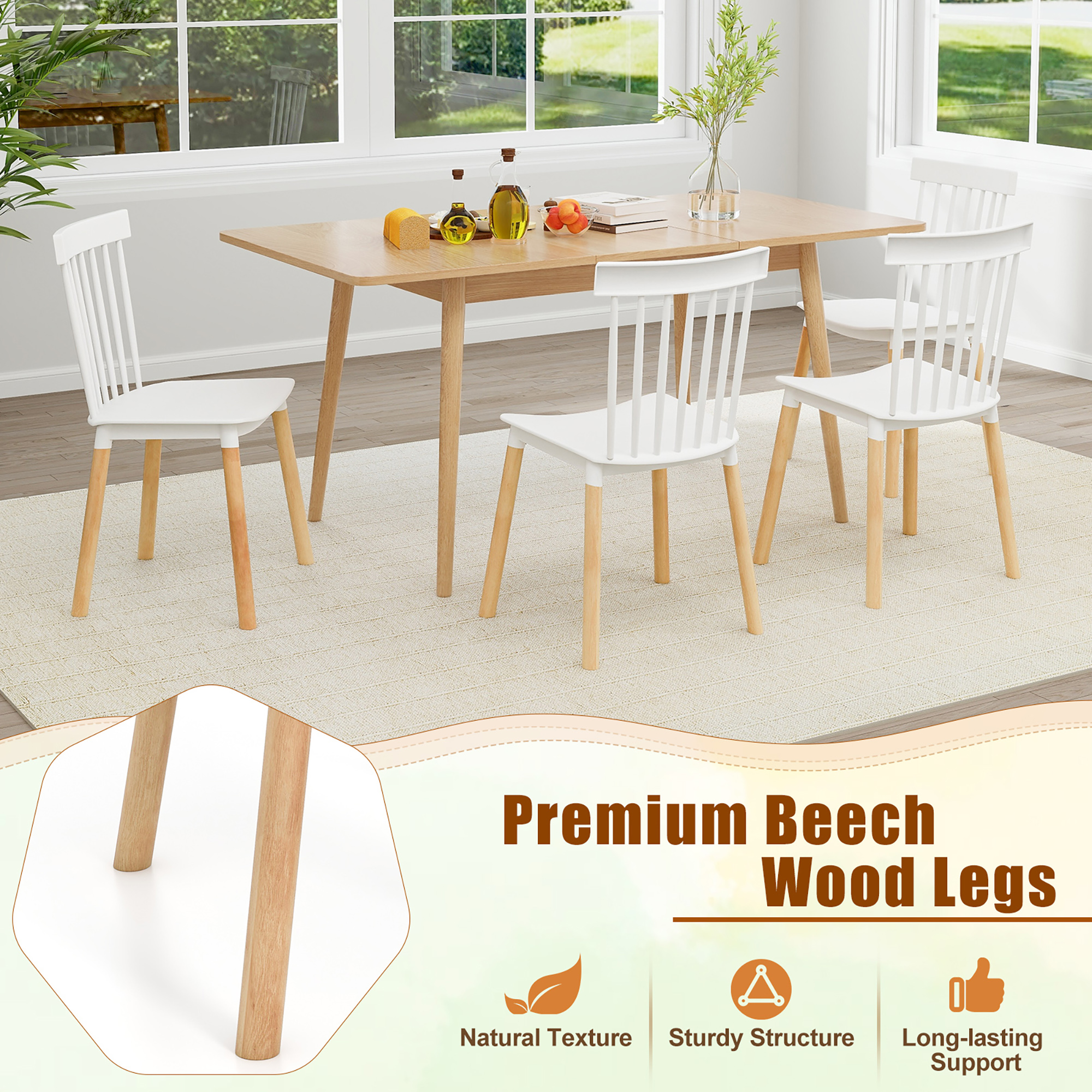 Gymax Set of 4 Windsor Dining Chairs Dining Chairs w/ Spindle Backs & Curved Seats White