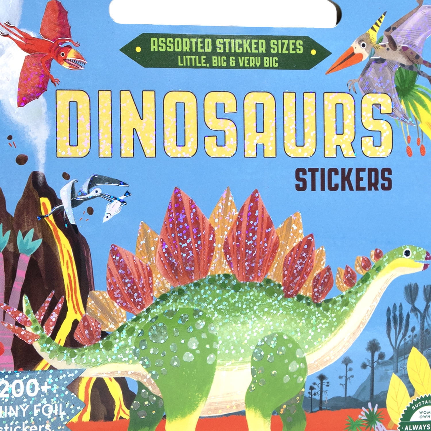 eeBoo: Dinosaur Shiny Sticker Book - 200+ Sparkling Stickers in 3 Sizes, Little-Big-Very Big, Carry Handle, Rainbow Foil, Kids Ages 3+