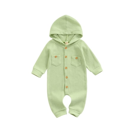 

Luckinbaby Toddler Baby Romper Waffle Fabric Long Sleeve Buttons Hooded Jumpsuit