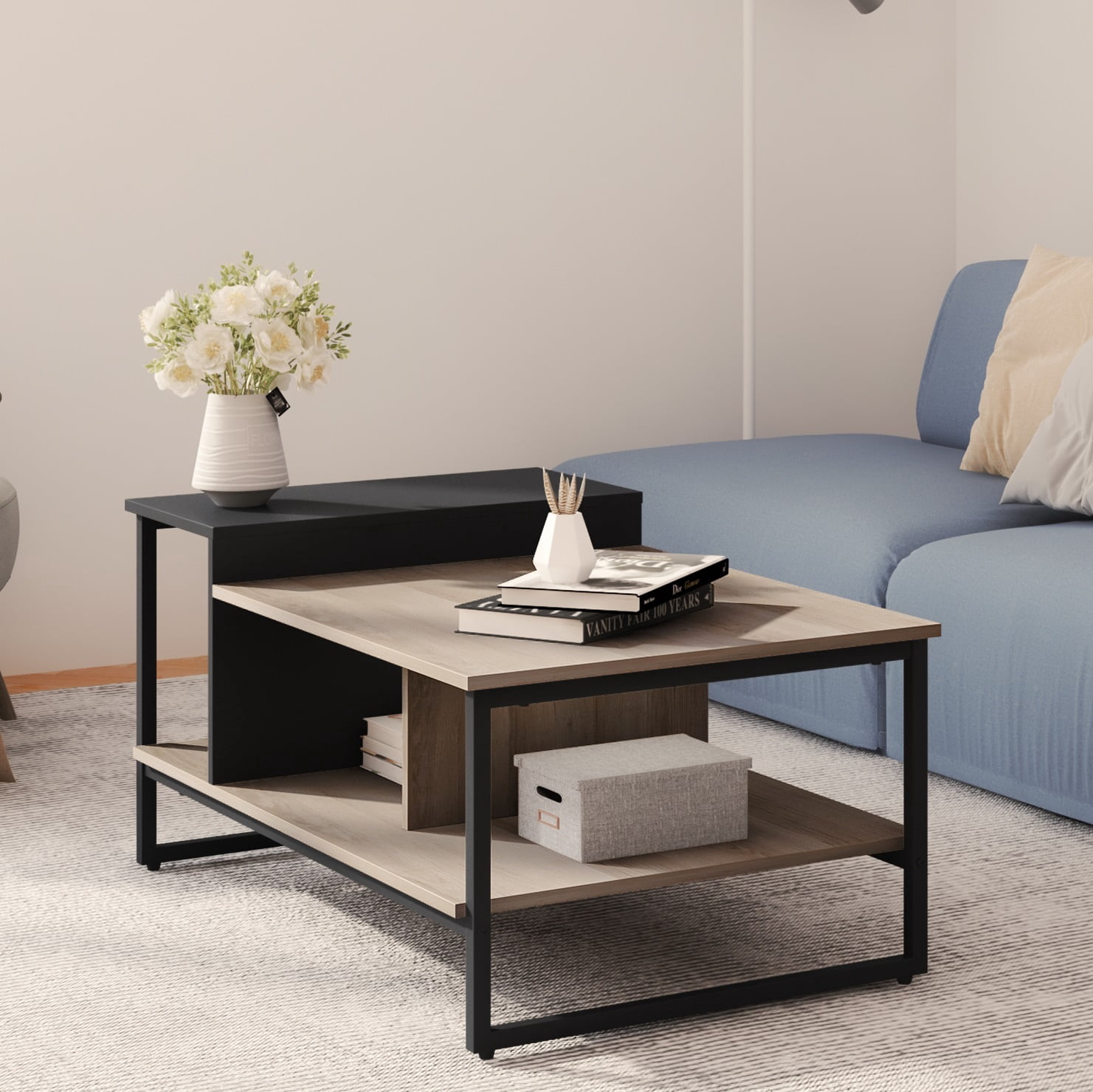 FITUEYES Industrial Wood and Metal with Shelves Coffee Table, Oak/Black