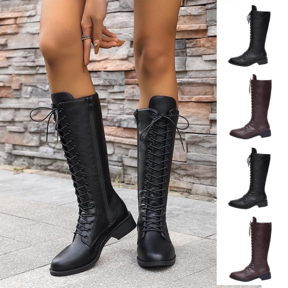 Taqqpue Women's Boots, Women's Fashion Casual Solid Color And Winter Style Round Toe Lace Up Low Heel Knee High Boots for Women