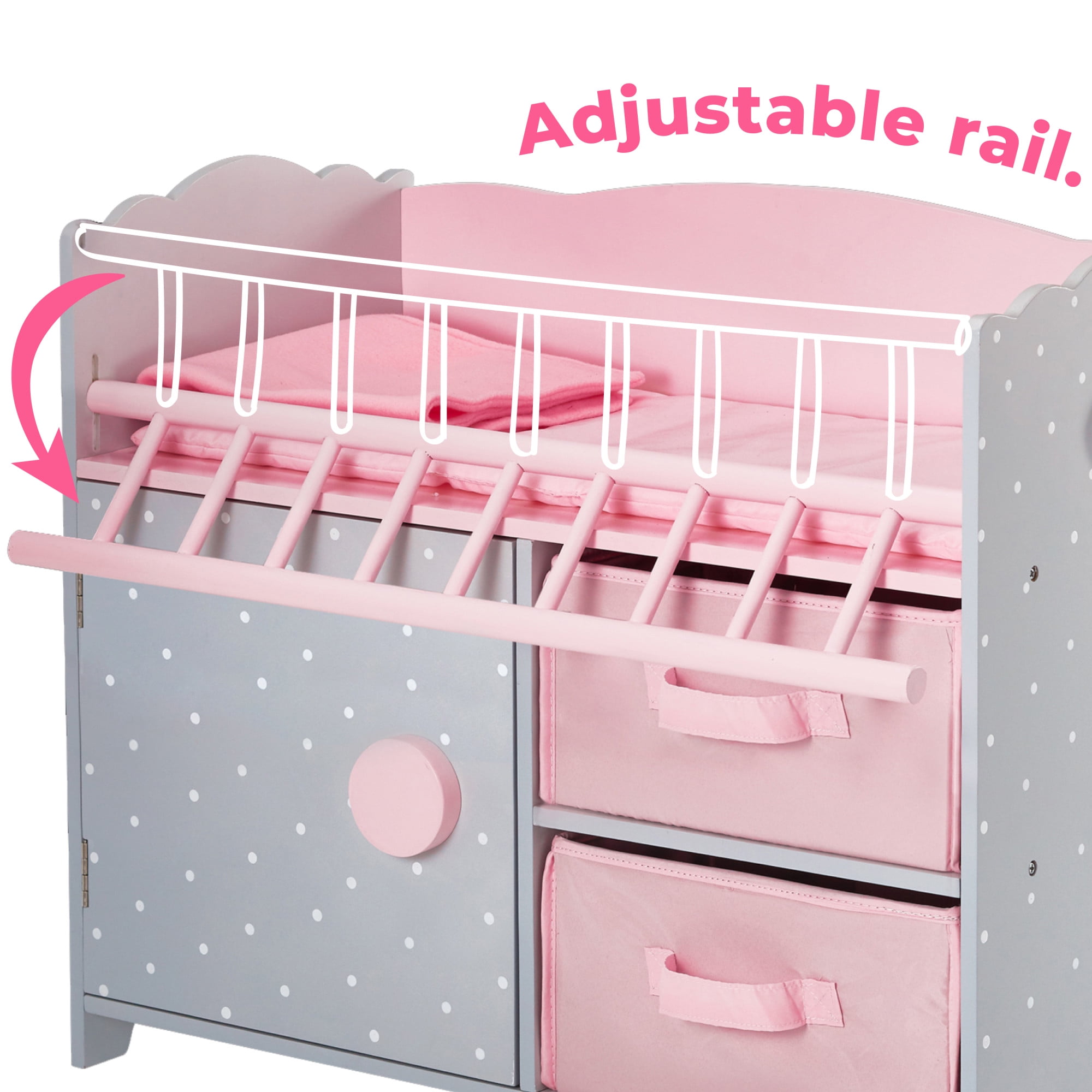 Olivia's Little World Wooden Baby Doll Crib + Under-the-Crib Storage, Pink/Gray