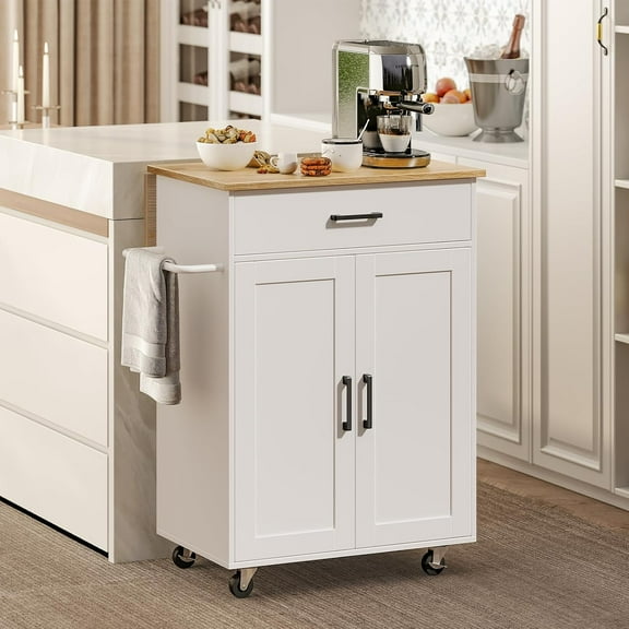 Kitchen Island on Wheels with Drop Leaf, Folding Countertop Cart with Drawer and Towel Rack for Kitchen Dining Room White Natural KINW12501